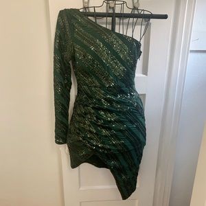 Dark Green Sequins One-Shoulder Bodycon Dress